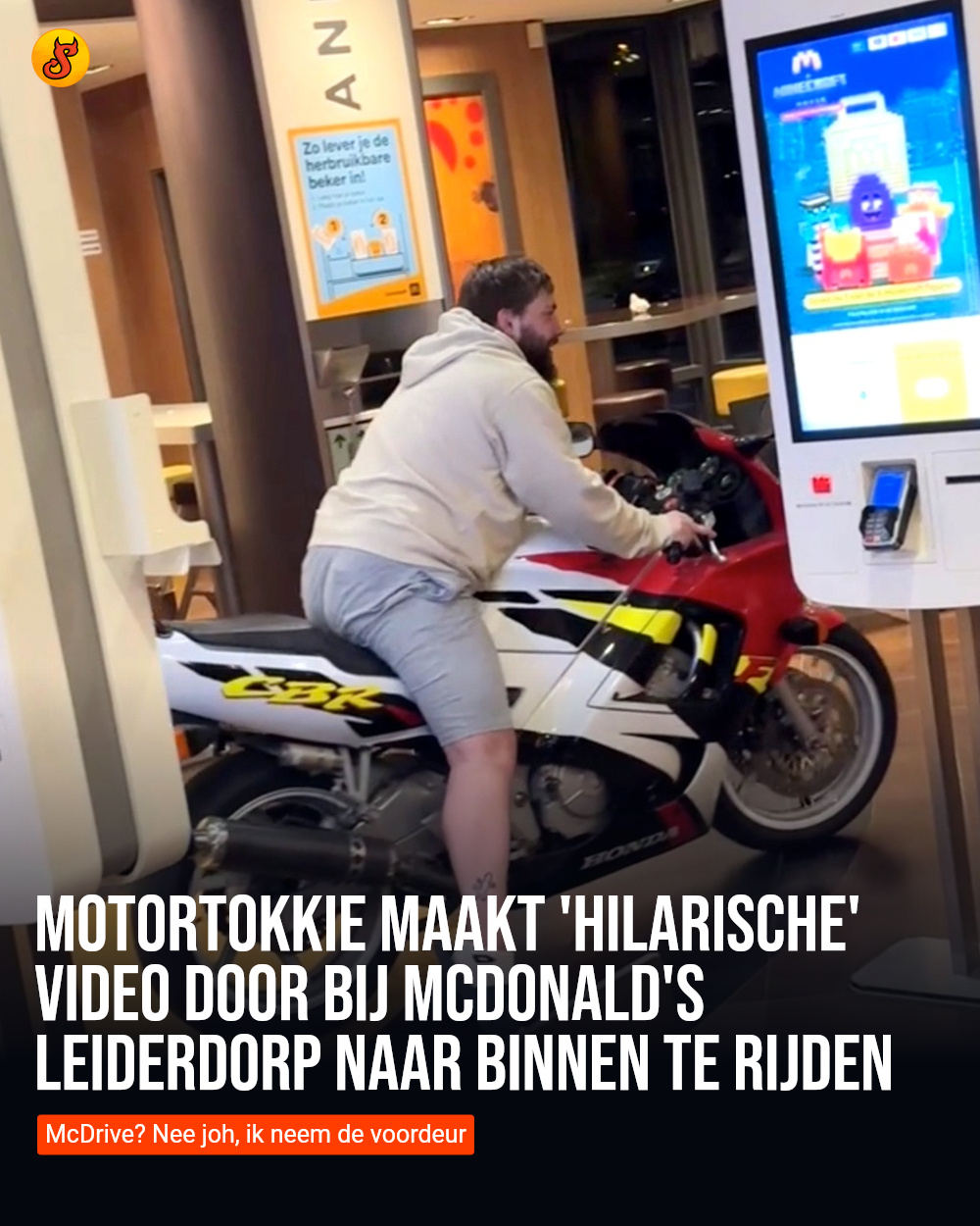 Motortokkie maakt 'hilarische' video door bij McDonald's Leiderdorp naar binnen te rijden