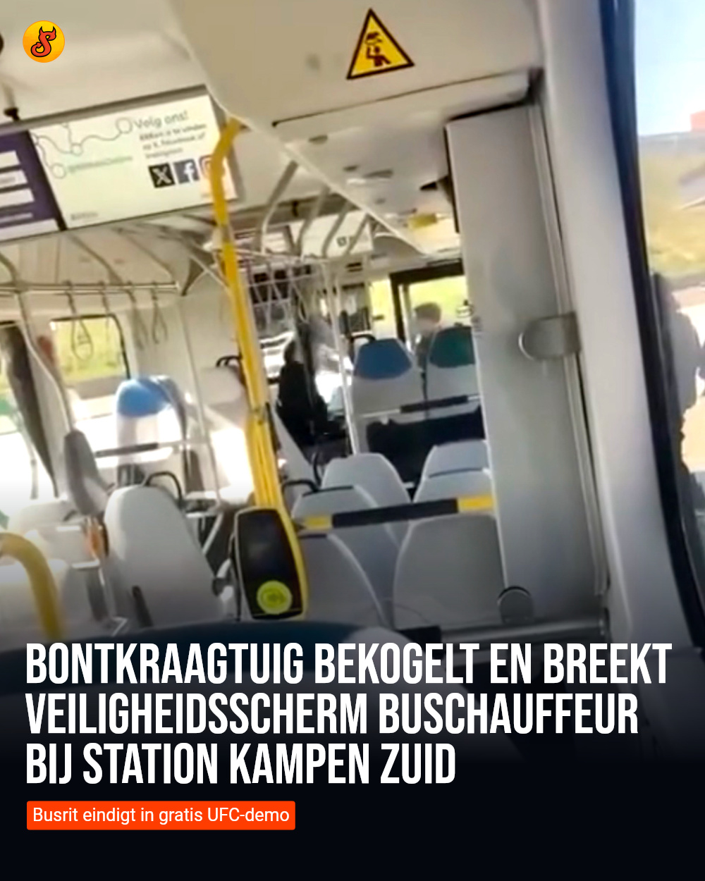 Bontkraagtuig bekogelt en breekt veiligheidsscherm buschauffeur bij station Kampen Zuid