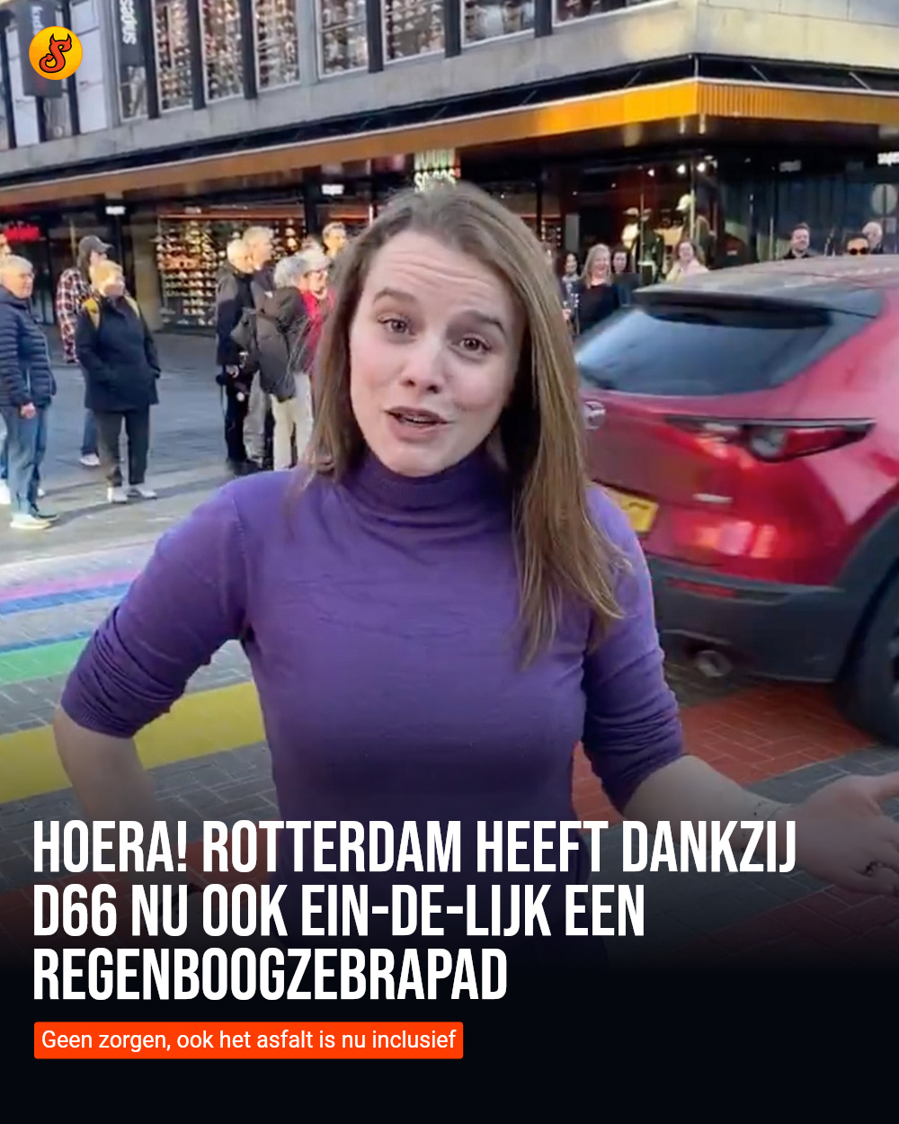 Hoera! Rotterdam heeft dankzij D66 nu ook ein-de-lijk een regenboogzebrapad