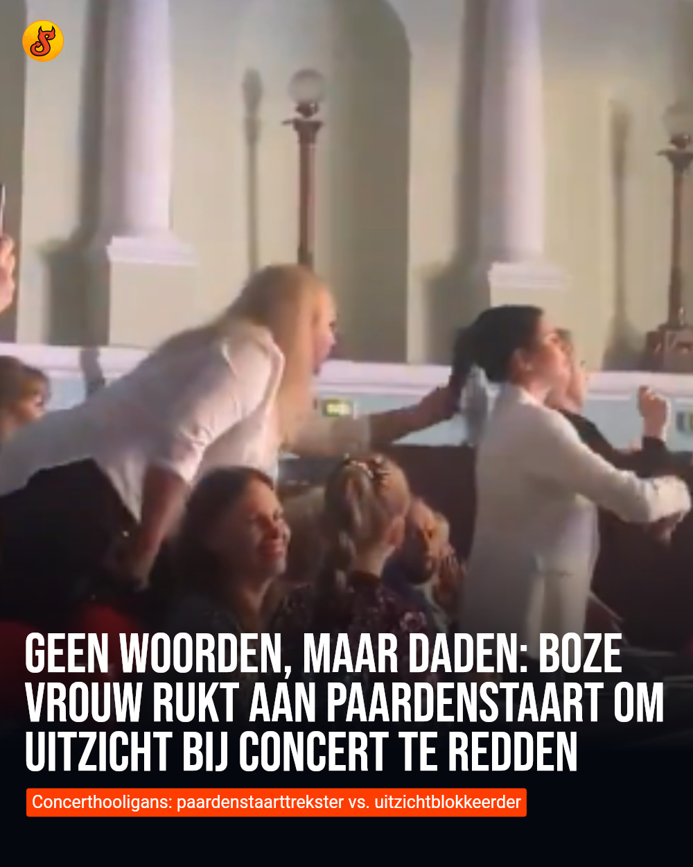 Geen woorden, maar daden: boze vrouw rukt aan paardenstaart om uitzicht bij concert te redden