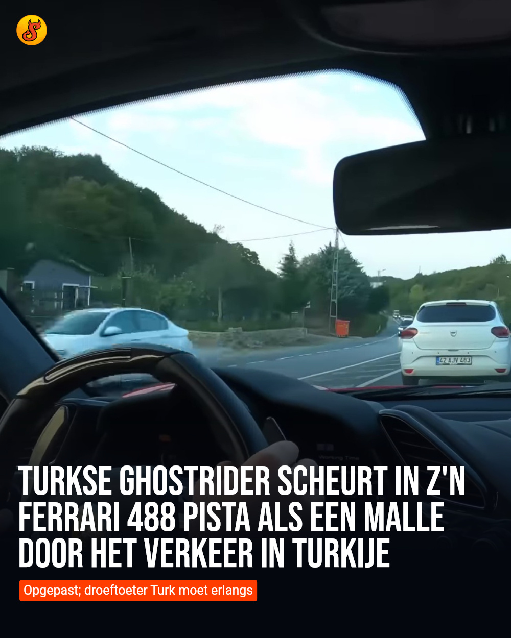 Turkse Ghostrider scheurt in z'n Ferrari 488 Pista als een malle door het verkeer in Turkije