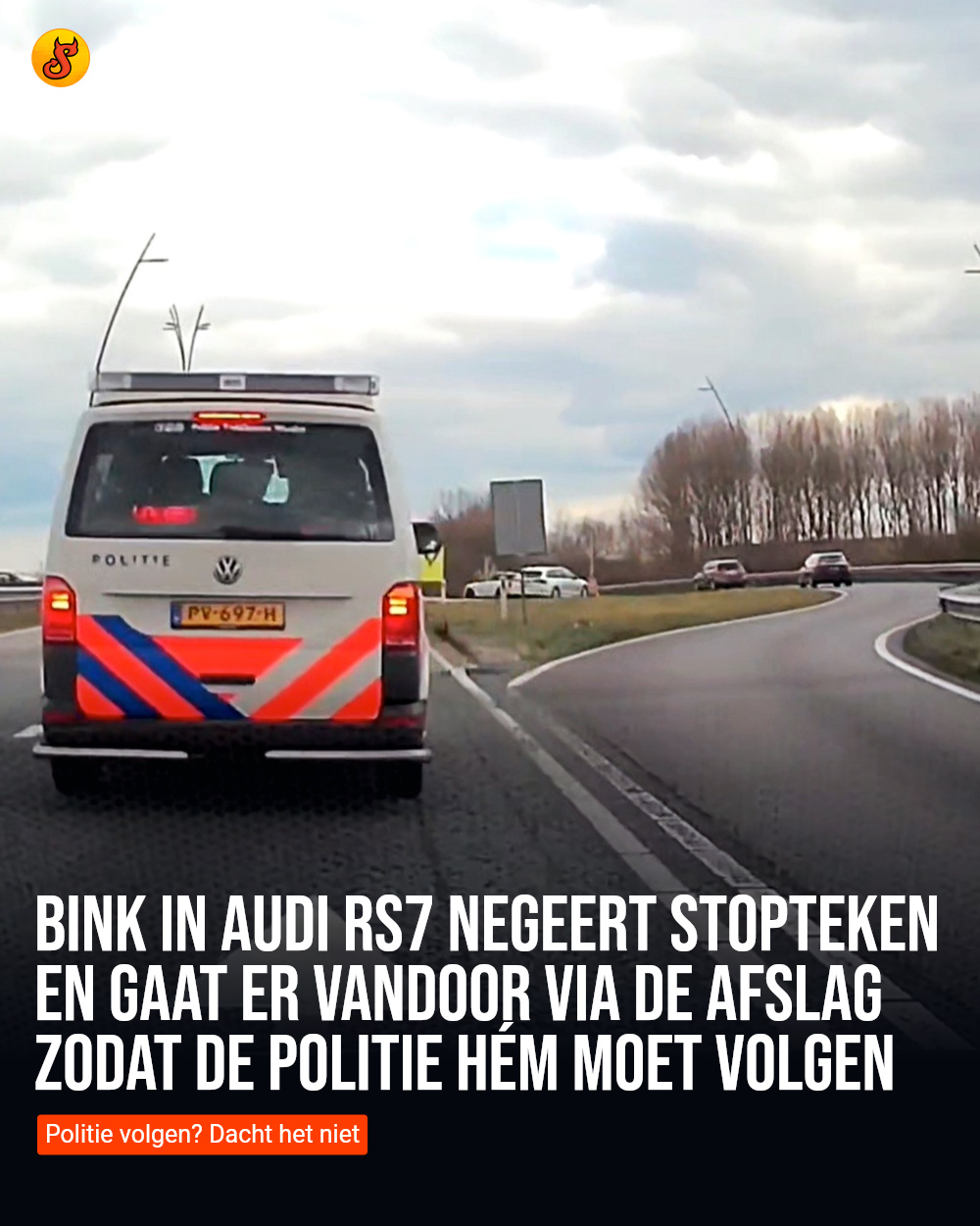 Bink in Audi RS7 negeert stopteken en gaat er vandoor via de afslag zodat de politie hém moet volgen