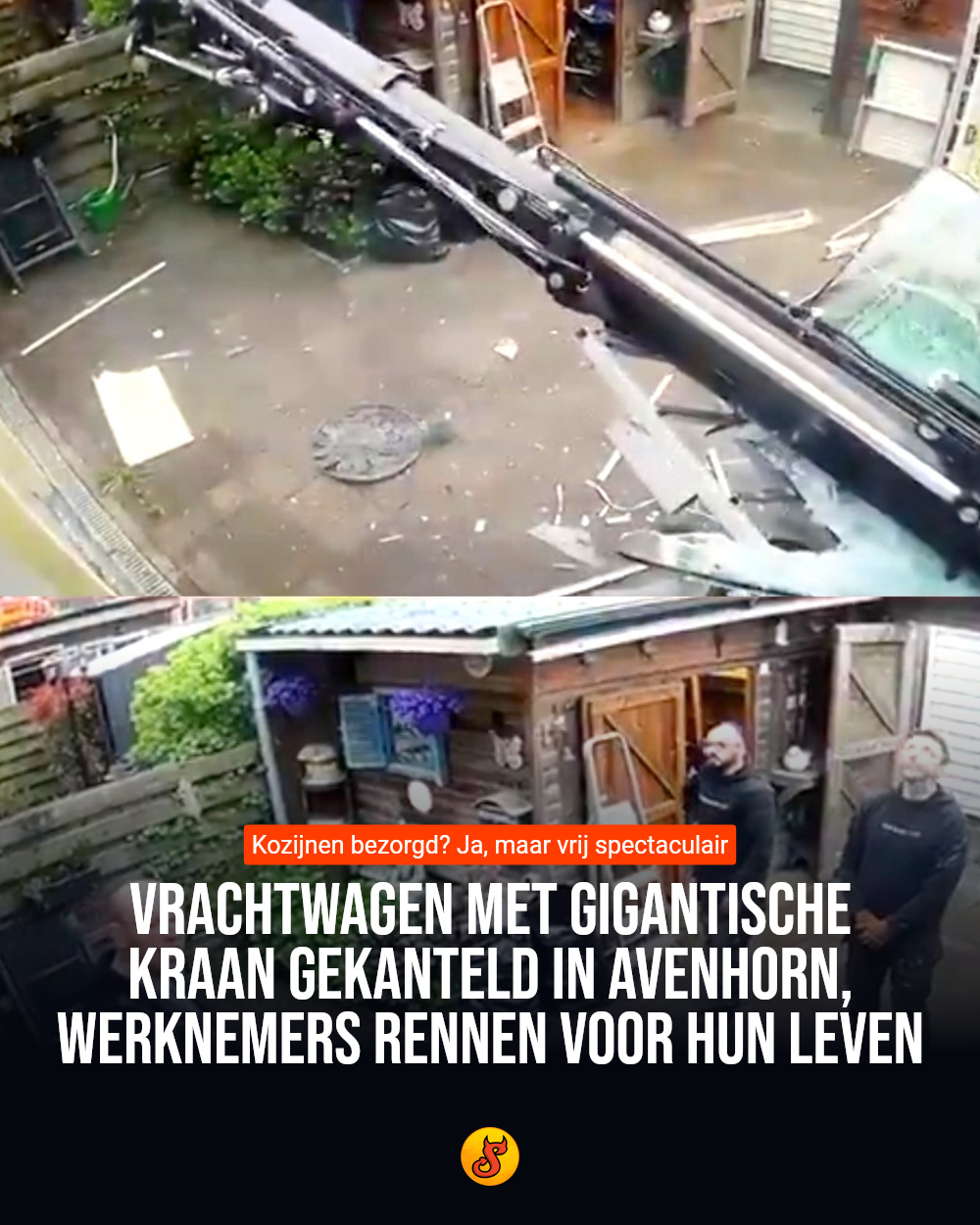 Vrachtwagen met gigantische kraan gekanteld in Avenhorn, werknemers rennen voor hun leven