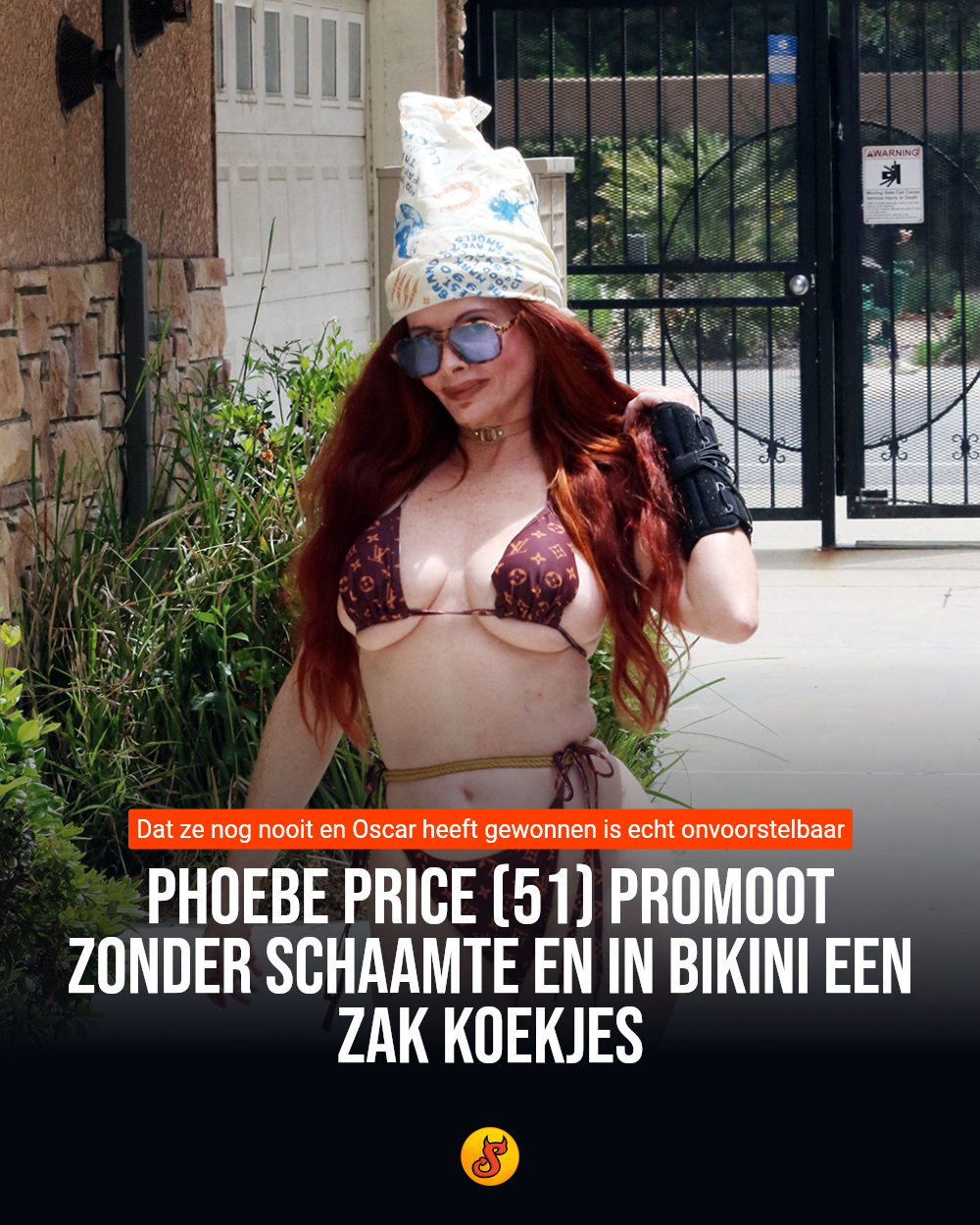 Phoebe Price (51) promoot zonder schaamte en in bikini een zak koekjes