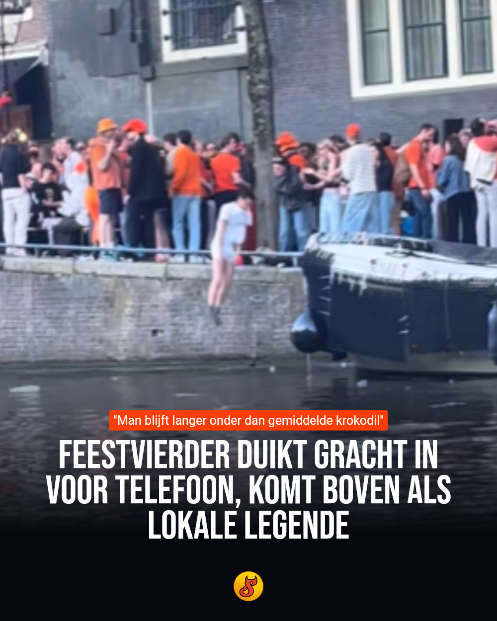 Feestvierder duikt gracht in voor telefoon, komt boven als lokale legende