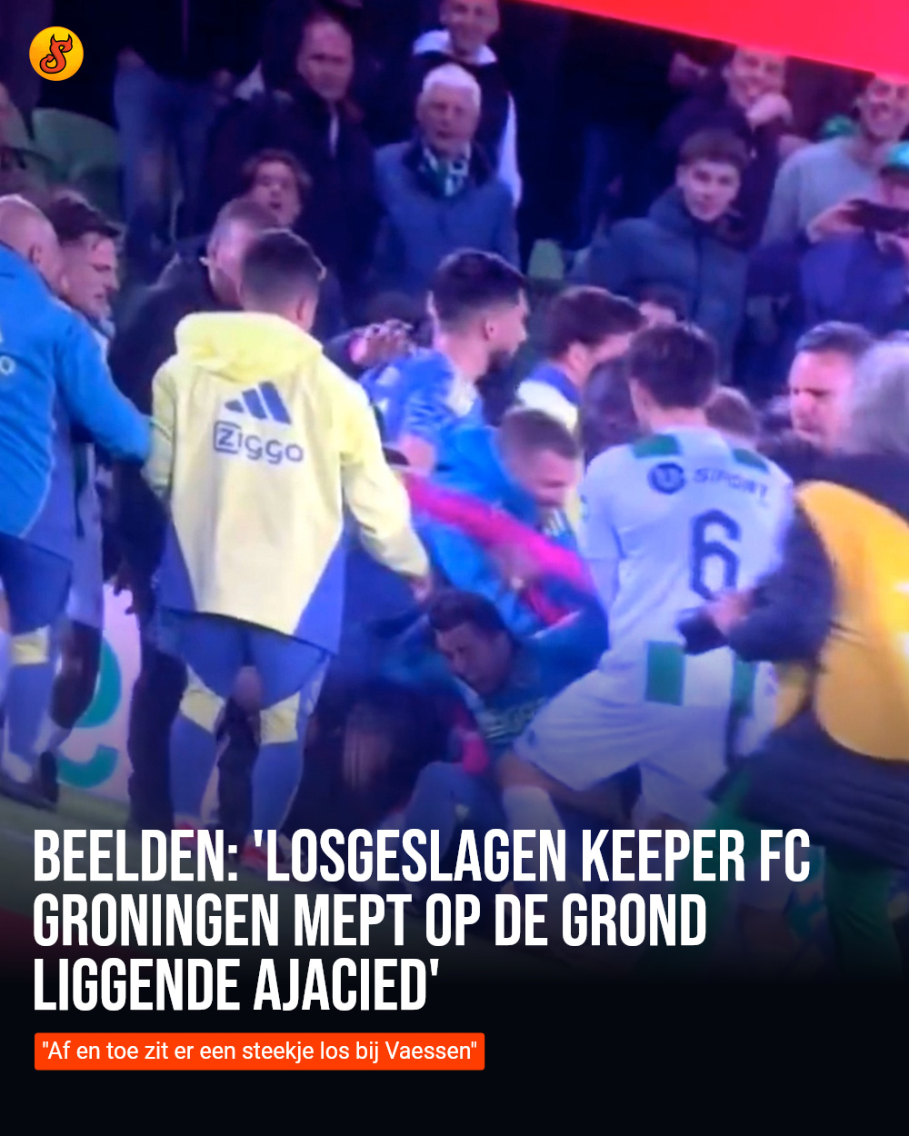 Beelden: 'Losgeslagen keeper FC Groningen mept op de grond liggende Ajacied'