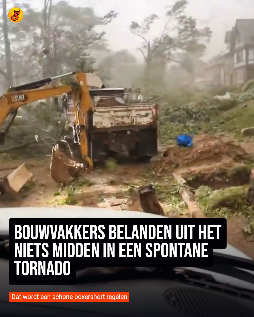 Bouwvakkers belanden uit het niets midden in een spontane tornado