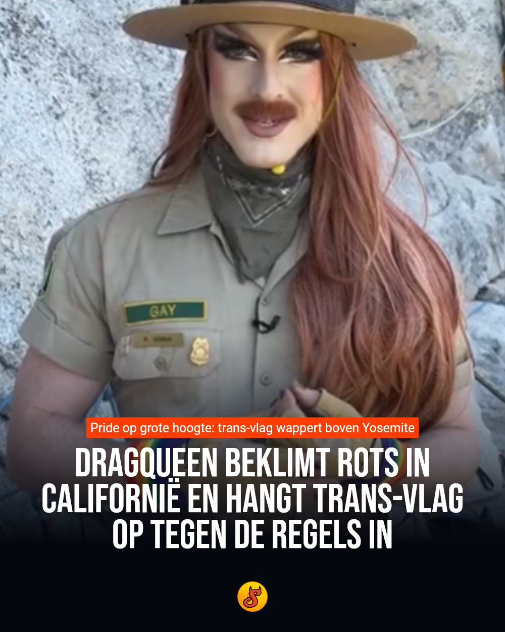 Dragqueen beklimt rots in Californië en hangt trans-vlag op tegen de regels in