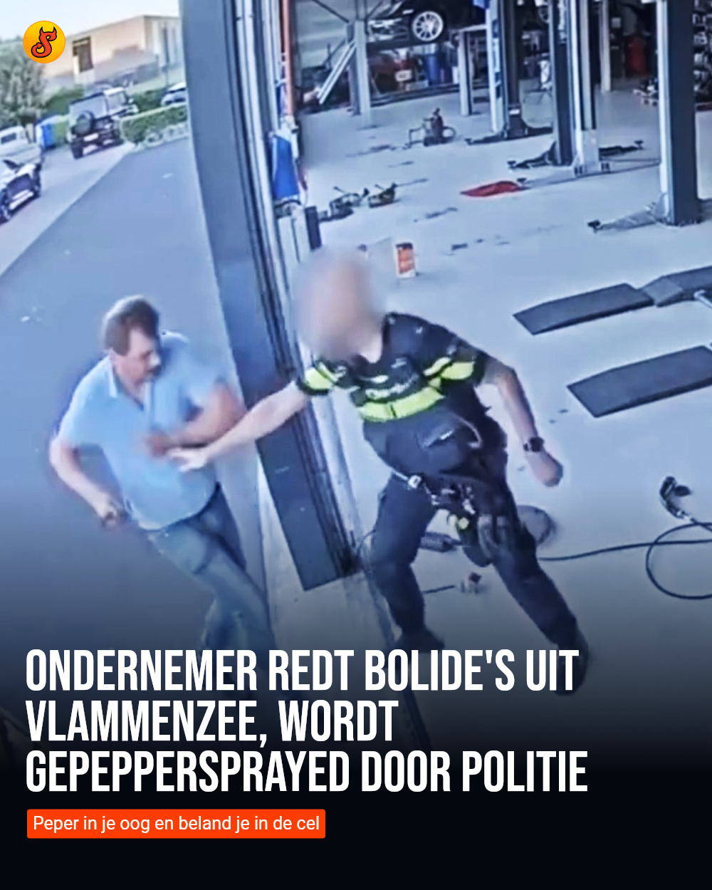 Ondernemer redt bolide's uit vlammenzee, wordt gepeppersprayed door politie