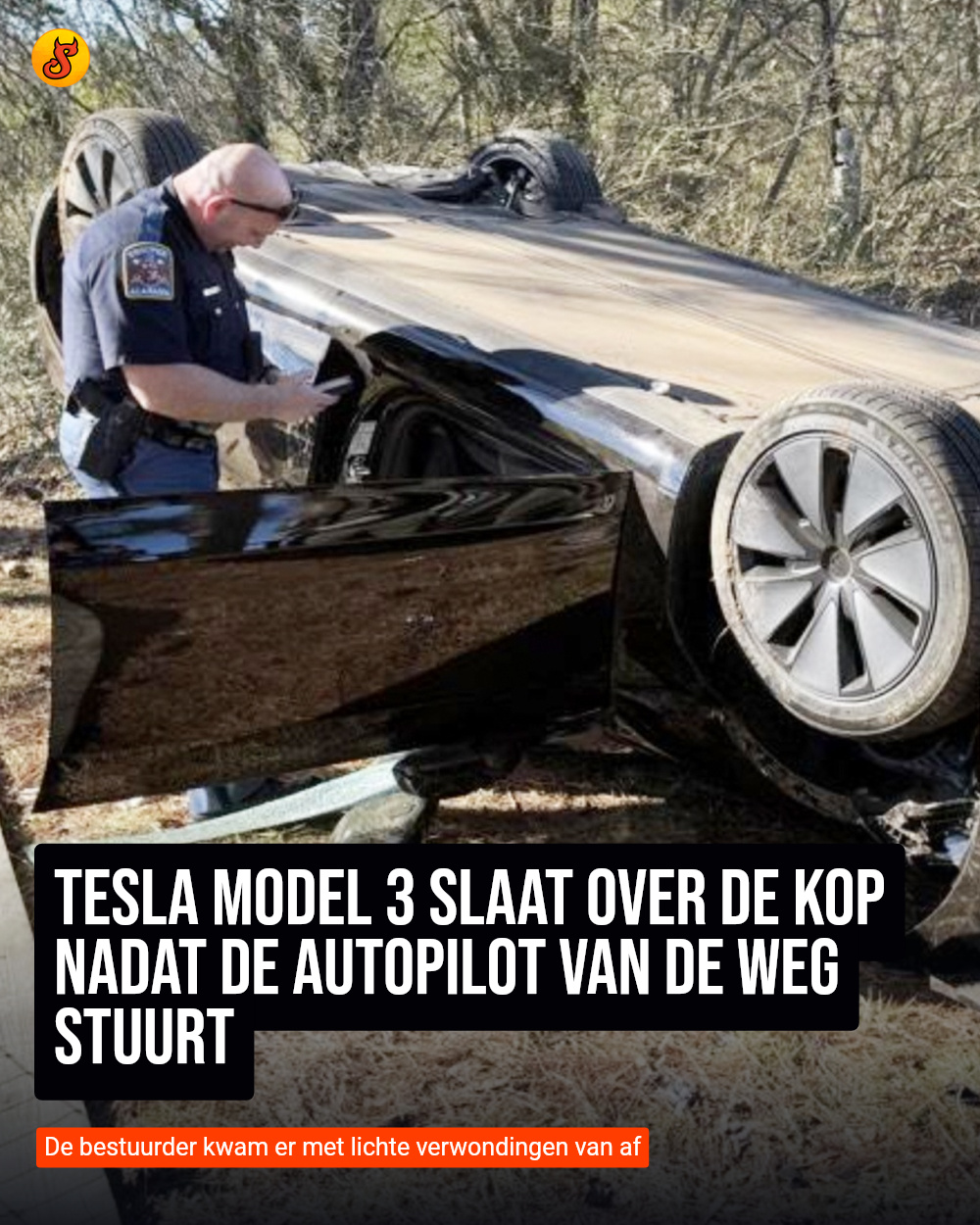 Tesla Model 3 slaat over de kop nadat de autopilot van de weg stuurt