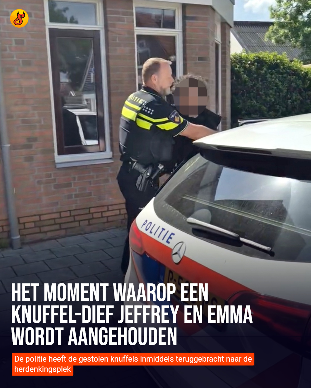 Het moment waarop een knuffel-dief Jeffrey en Emma wordt aangehouden