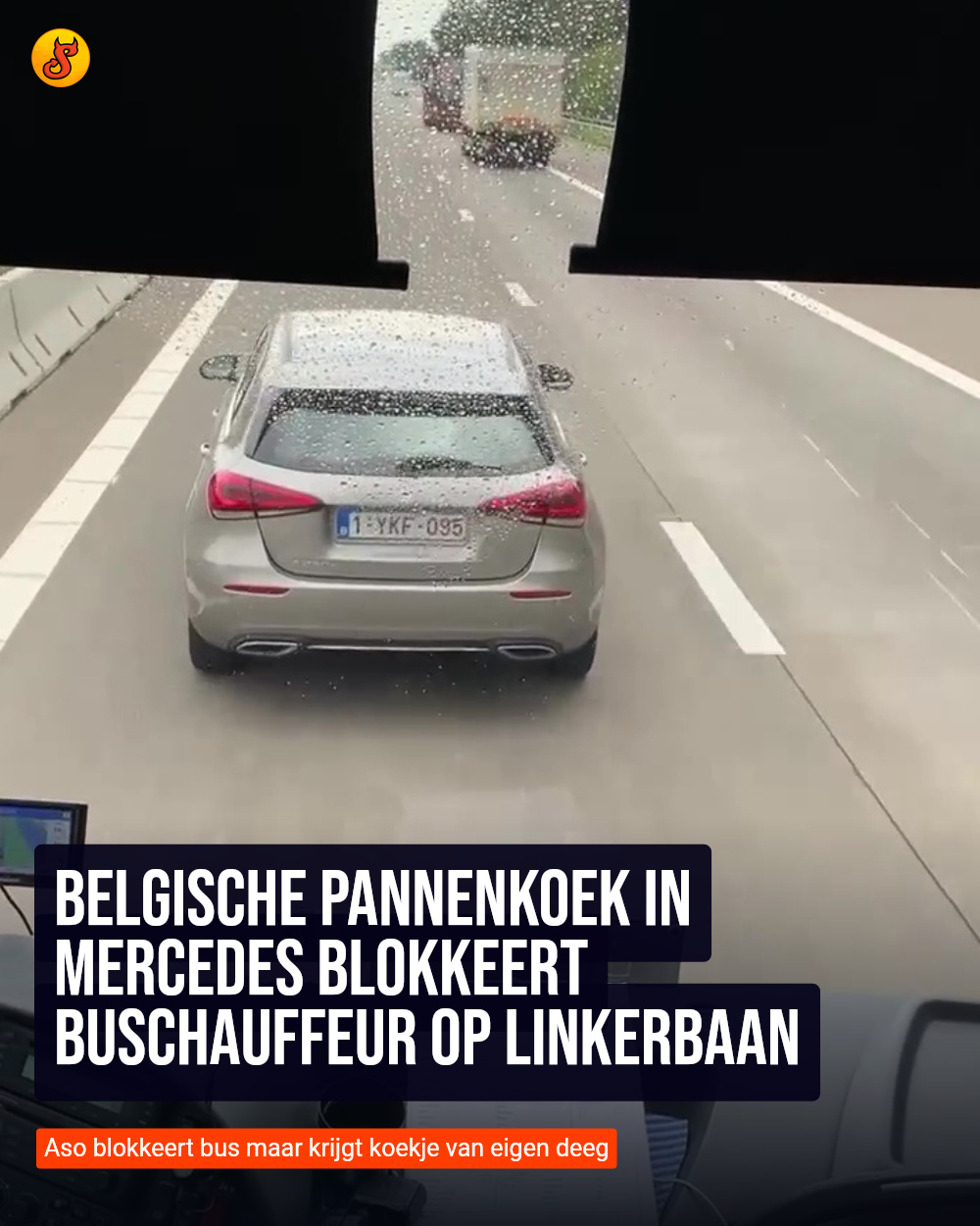Belgische pannenkoek in Mercedes blokkeert buschauffeur op linkerbaan
