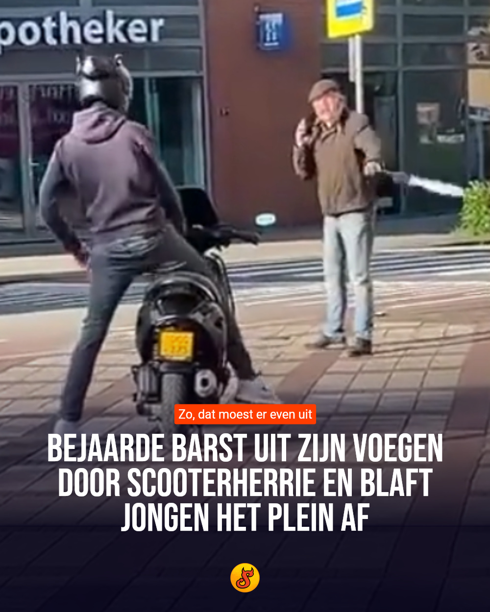 Bejaarde barst uit zijn voegen door scooterherrie en blaft jongen het plein af