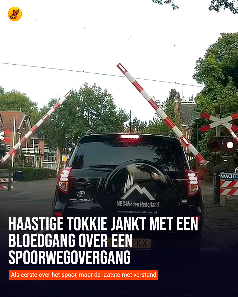Haastige Tokkie jankt met een bloedgang over een spoorwegovergang