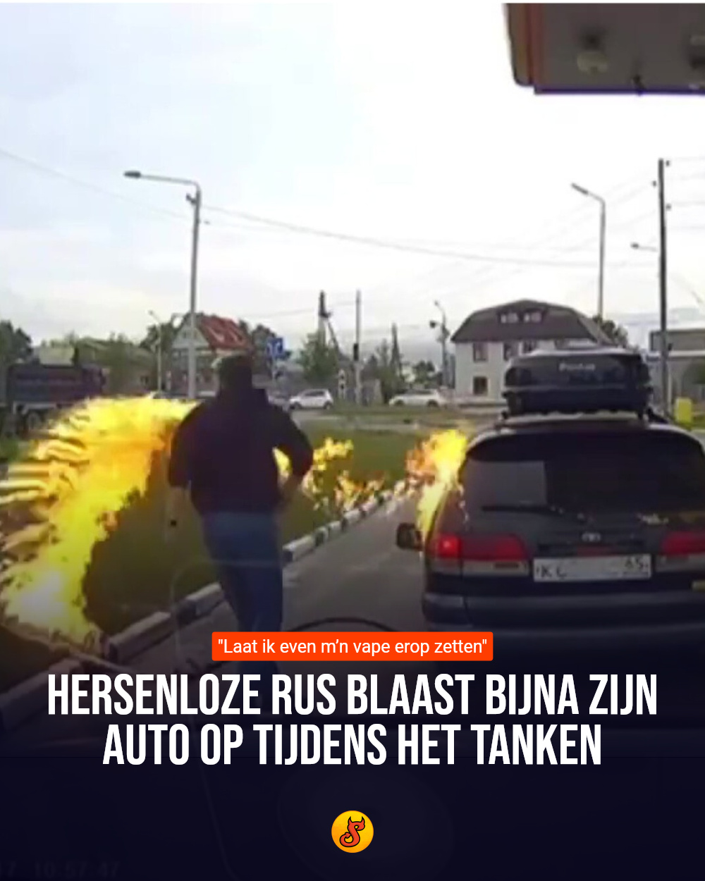 Hersenloze Rus blaast bijna zijn auto op tijdens het tanken