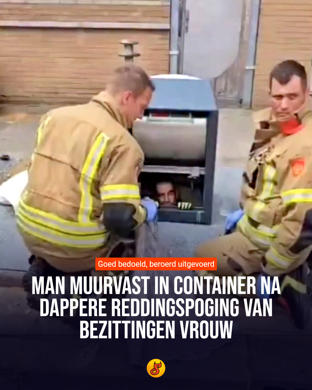 Man muurvast in container na dappere reddingspoging van bezittingen vrouw