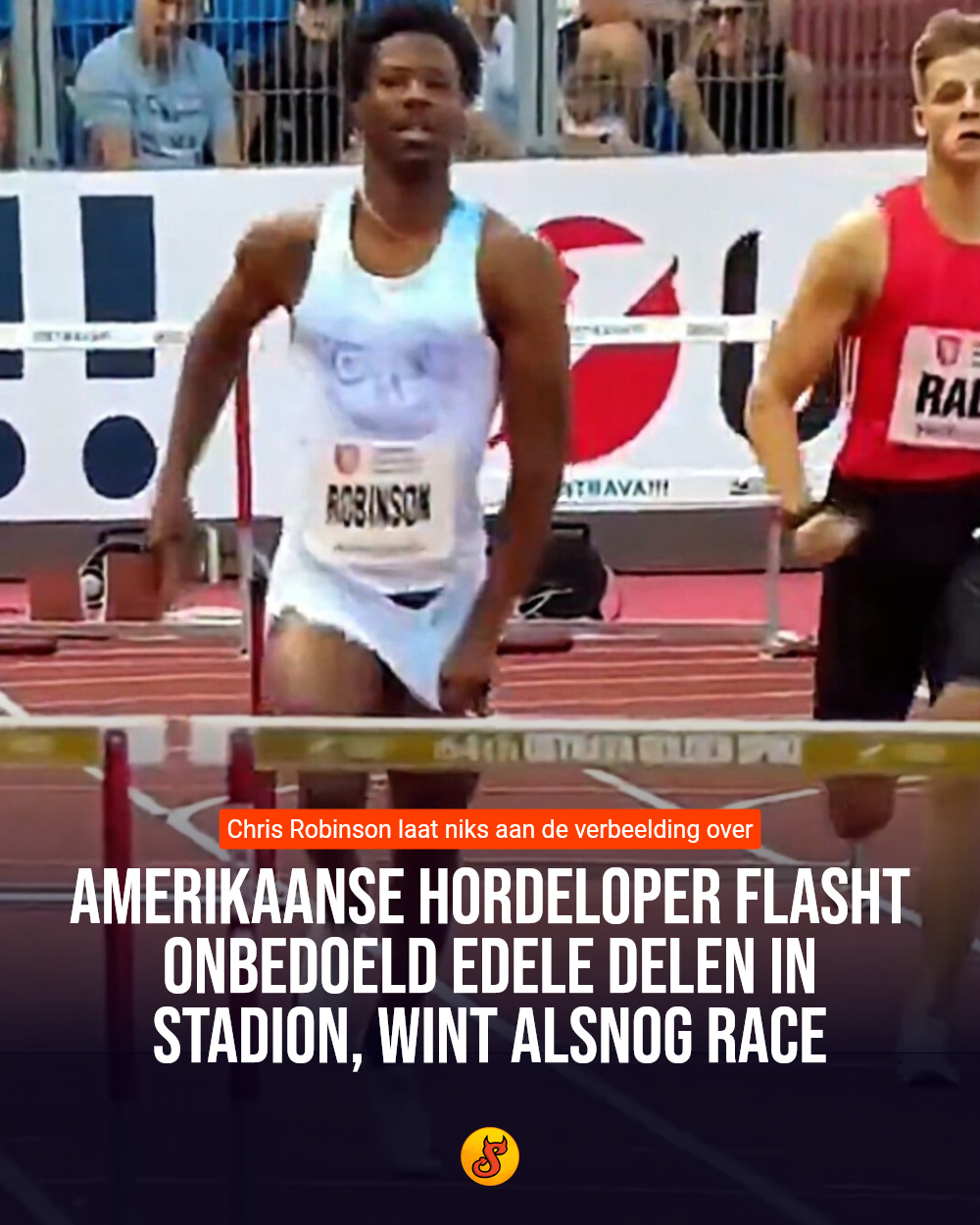 Amerikaanse hordeloper flasht onbedoeld edele delen in stadion, wint alsnog race