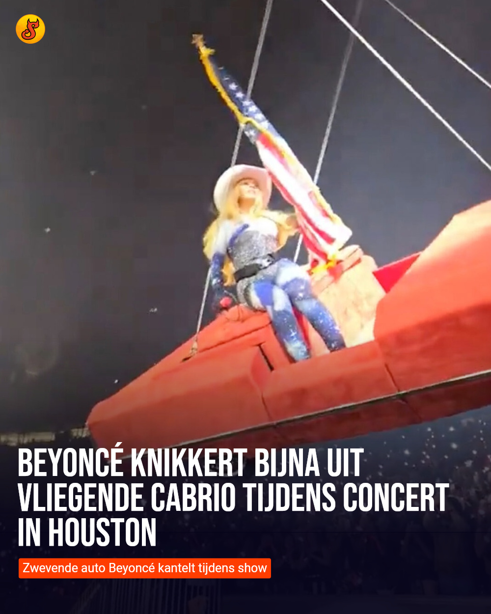 Beyoncé knikkert bijna uit vliegende cabrio tijdens concert in Houston