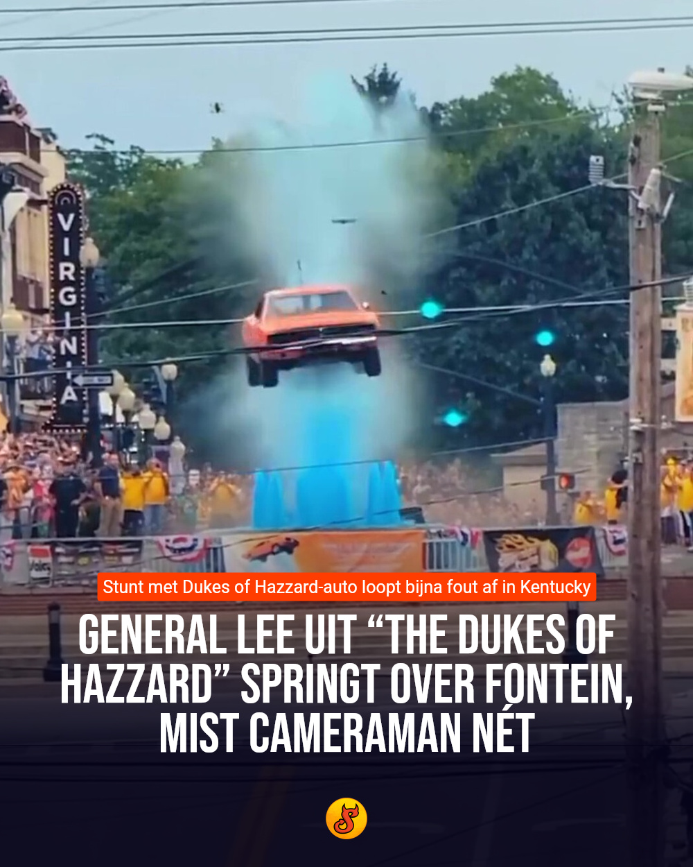 General Lee uit “The Dukes of Hazzard” springt over fontein, mist cameraman nét