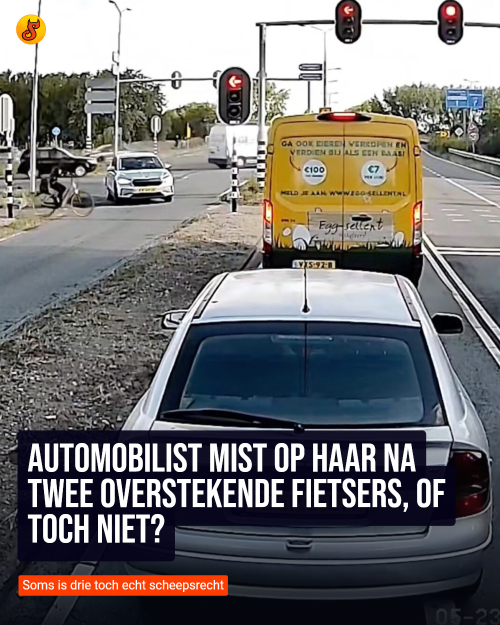 Automobilist mist op haar na twee overstekende fietsers, of toch niet?