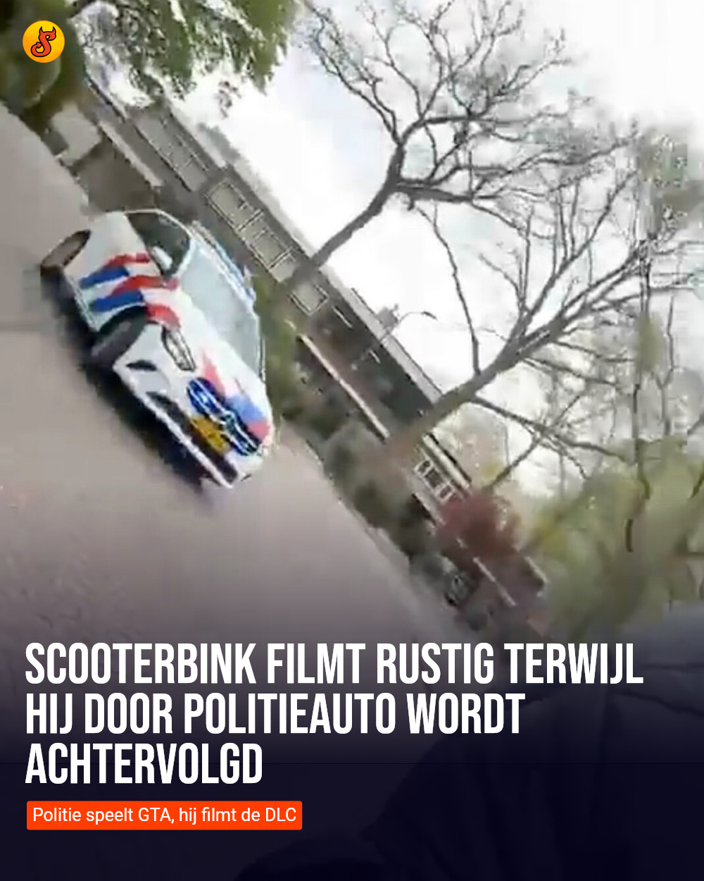 Scooterbink filmt rustig terwijl hij door politieauto wordt achtervolgd
