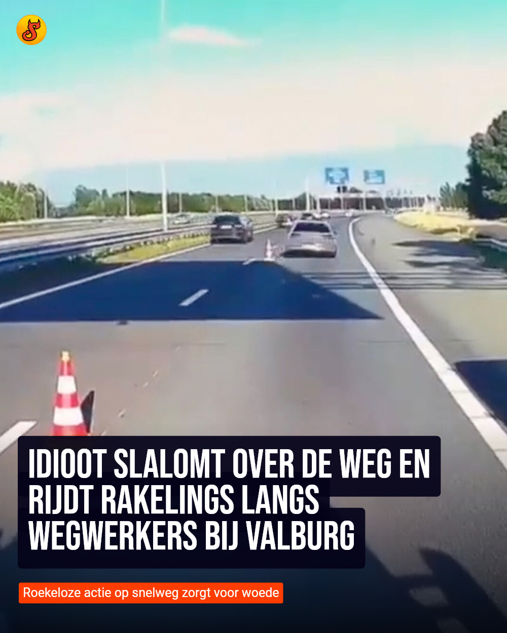 Idioot slalomt over de weg en rijdt rakelings langs wegwerkers bij Valburg