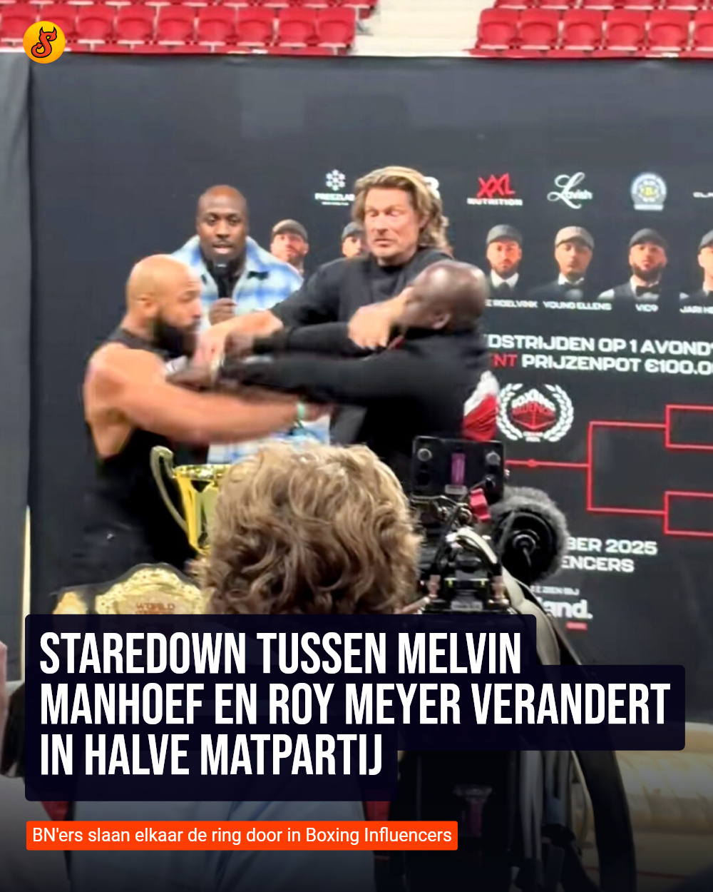 Staredown tussen Melvin Manhoef en Roy Meyer verandert in halve matpartij