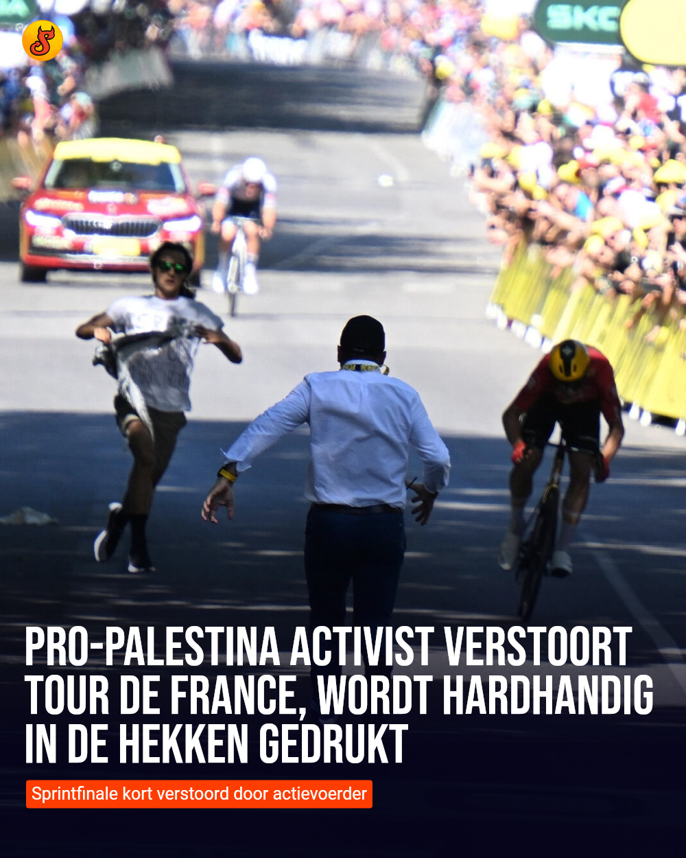 Pro-Palestina activist verstoort Tour de France, wordt hardhandig in de hekken gedrukt
