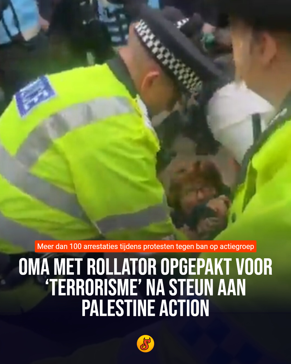 Oma met rollator opgepakt voor ‘terrorisme’ na steun aan Palestine Action