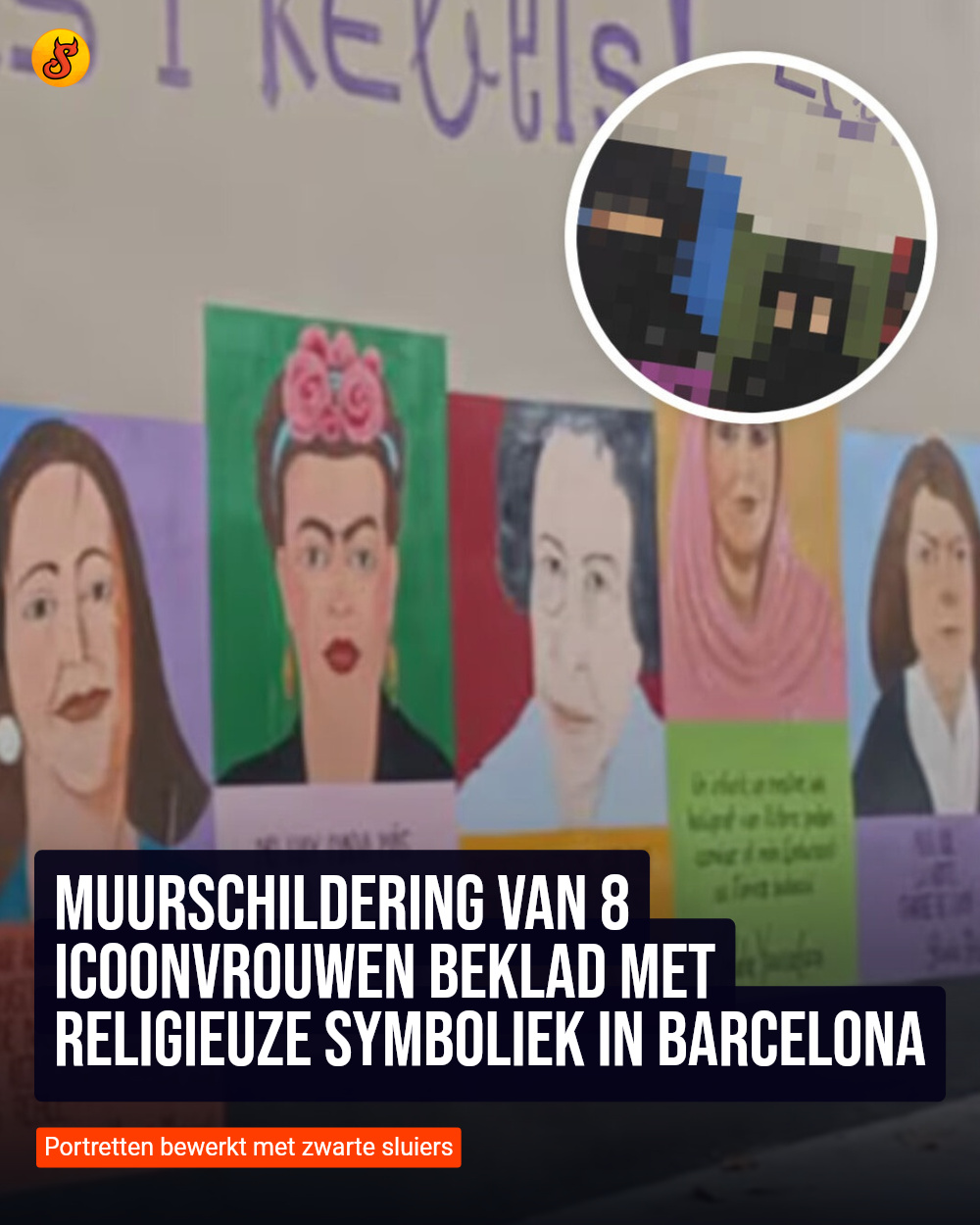 Muurschildering van 8 icoonvrouwen beklad met religieuze symboliek in Barcelona