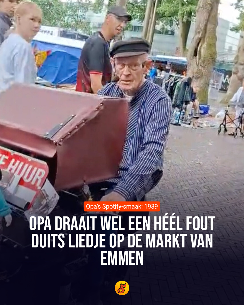 Opa draait wel een héél fout Duits liedje op de markt van Emmen