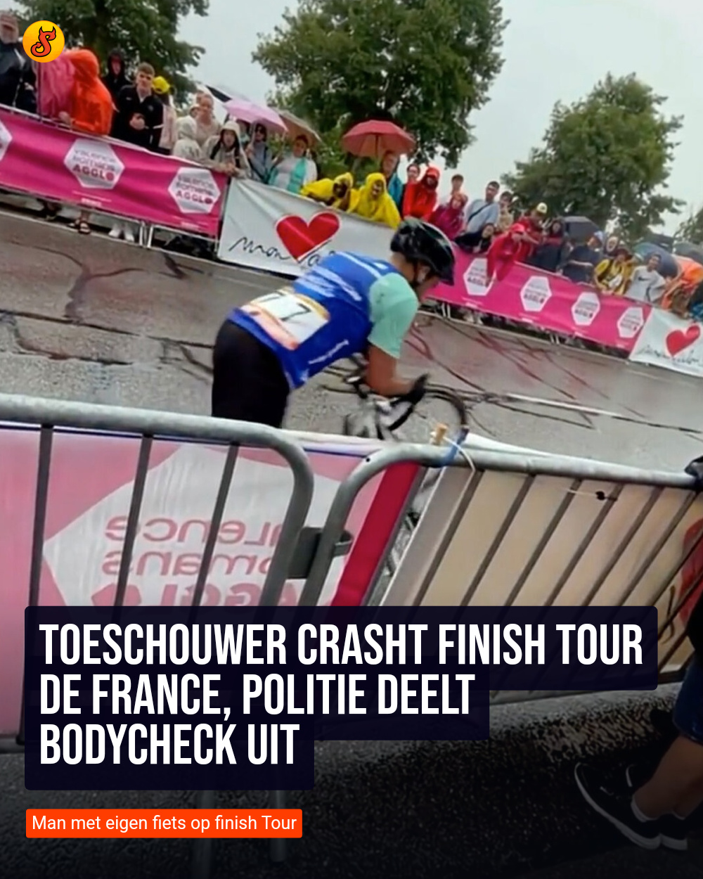 Toeschouwer crasht finish Tour de France, politie deelt bodycheck uit