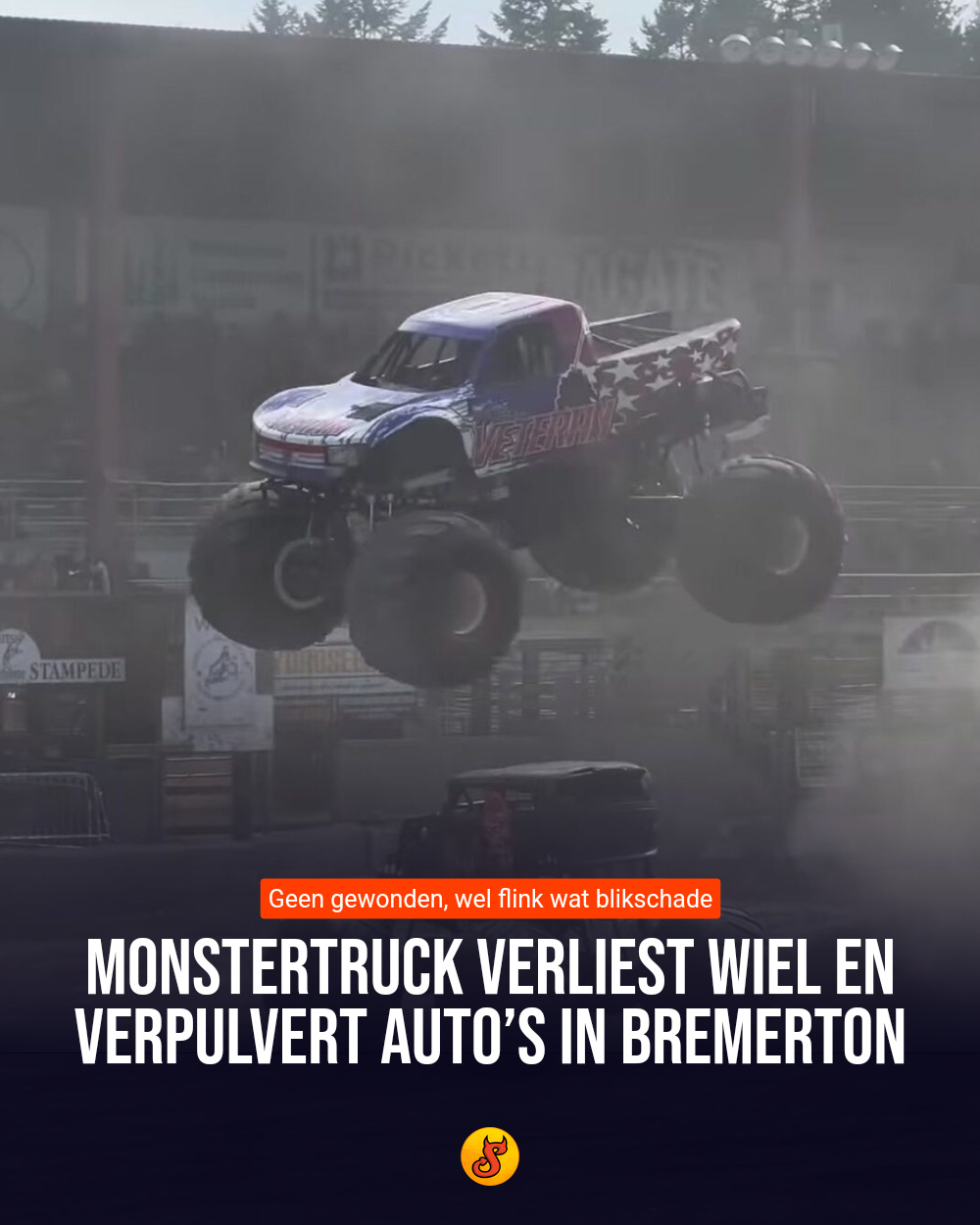Monstertruck verliest wiel en verpulvert auto’s in Bremerton