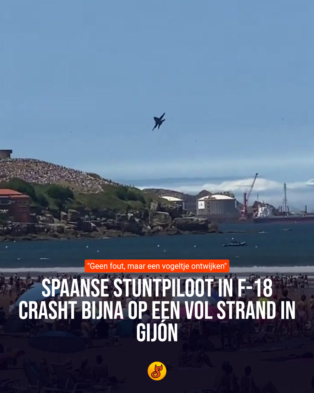 Spaanse stuntpiloot in F-18 crasht bijna op een vol strand in Gijón