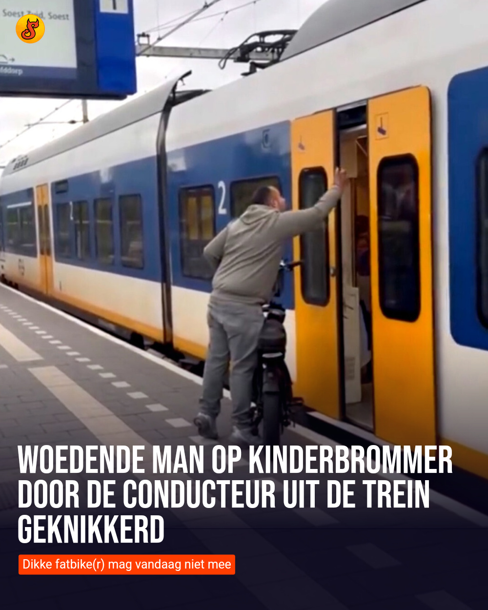 Woedende man op kinderbrommer door de conducteur uit de trein geknikkerd