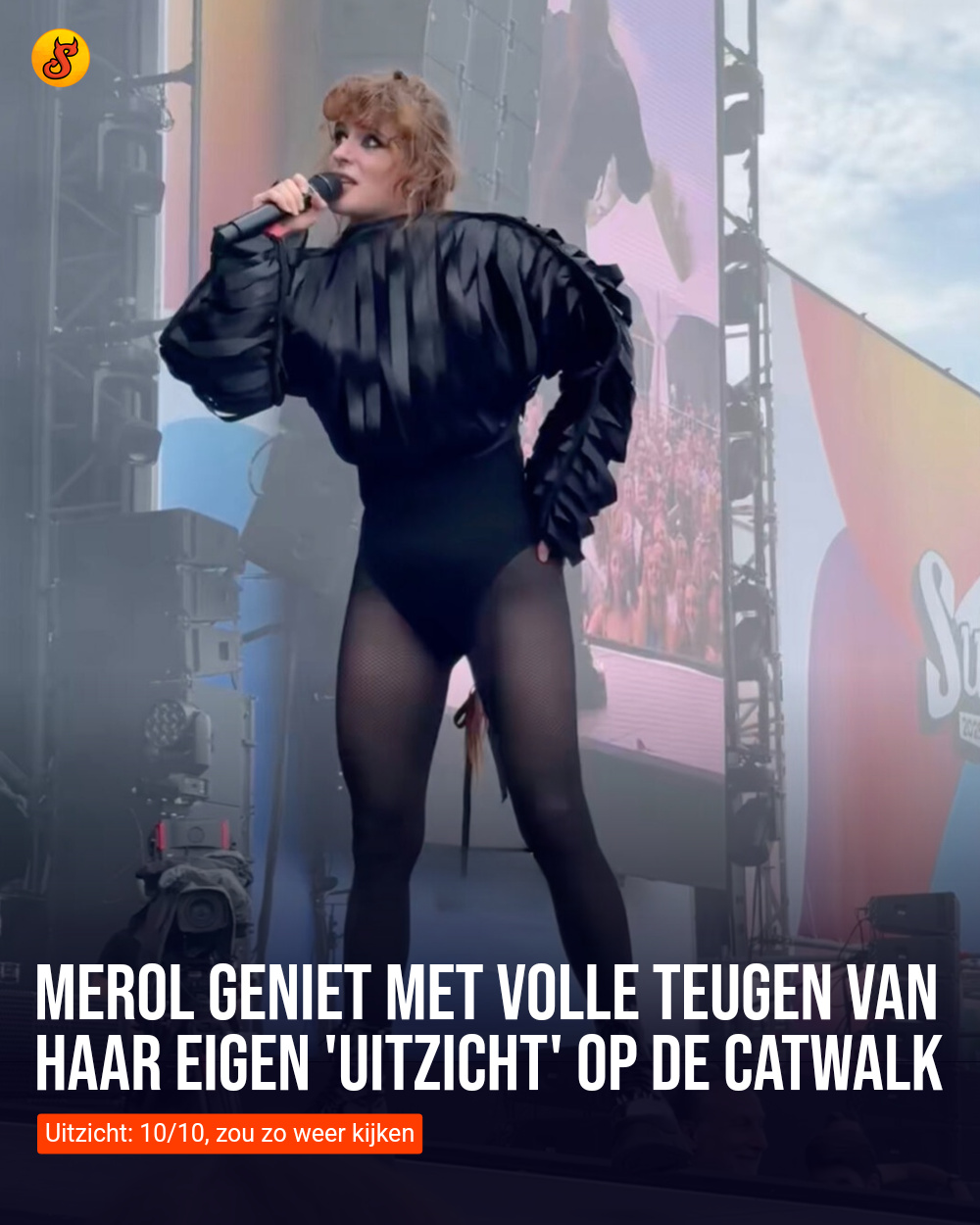 Merol geniet met volle teugen van haar eigen 'uitzicht' op de catwalk