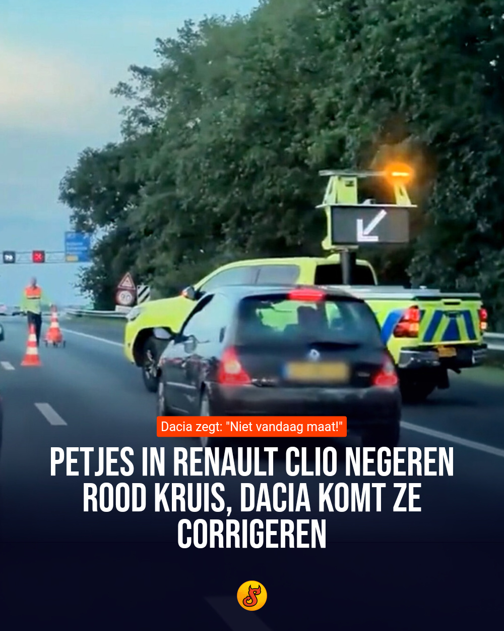 Petjes in Renault Clio negeren rood kruis, Dacia komt ze corrigeren