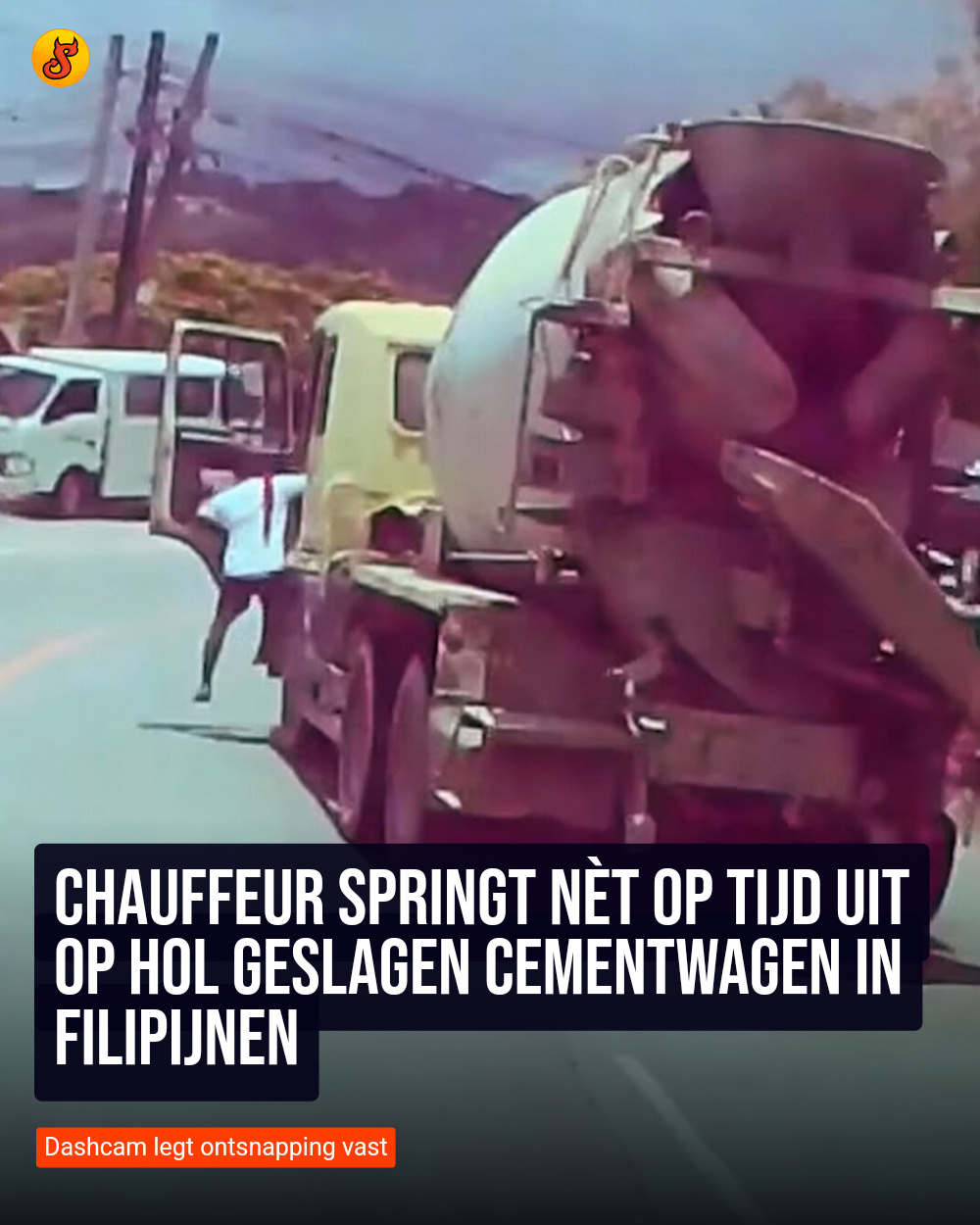 Chauffeur springt nèt op tijd uit op hol geslagen cementwagen in Filipijnen