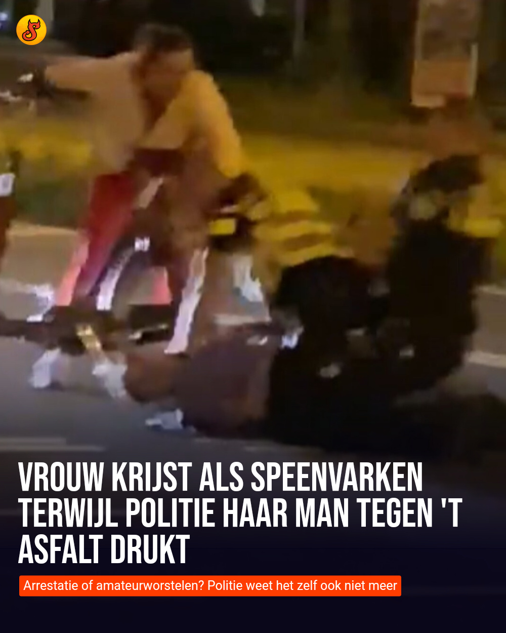 Vrouw krijst als speenvarken terwijl politie haar man tegen 't asfalt drukt