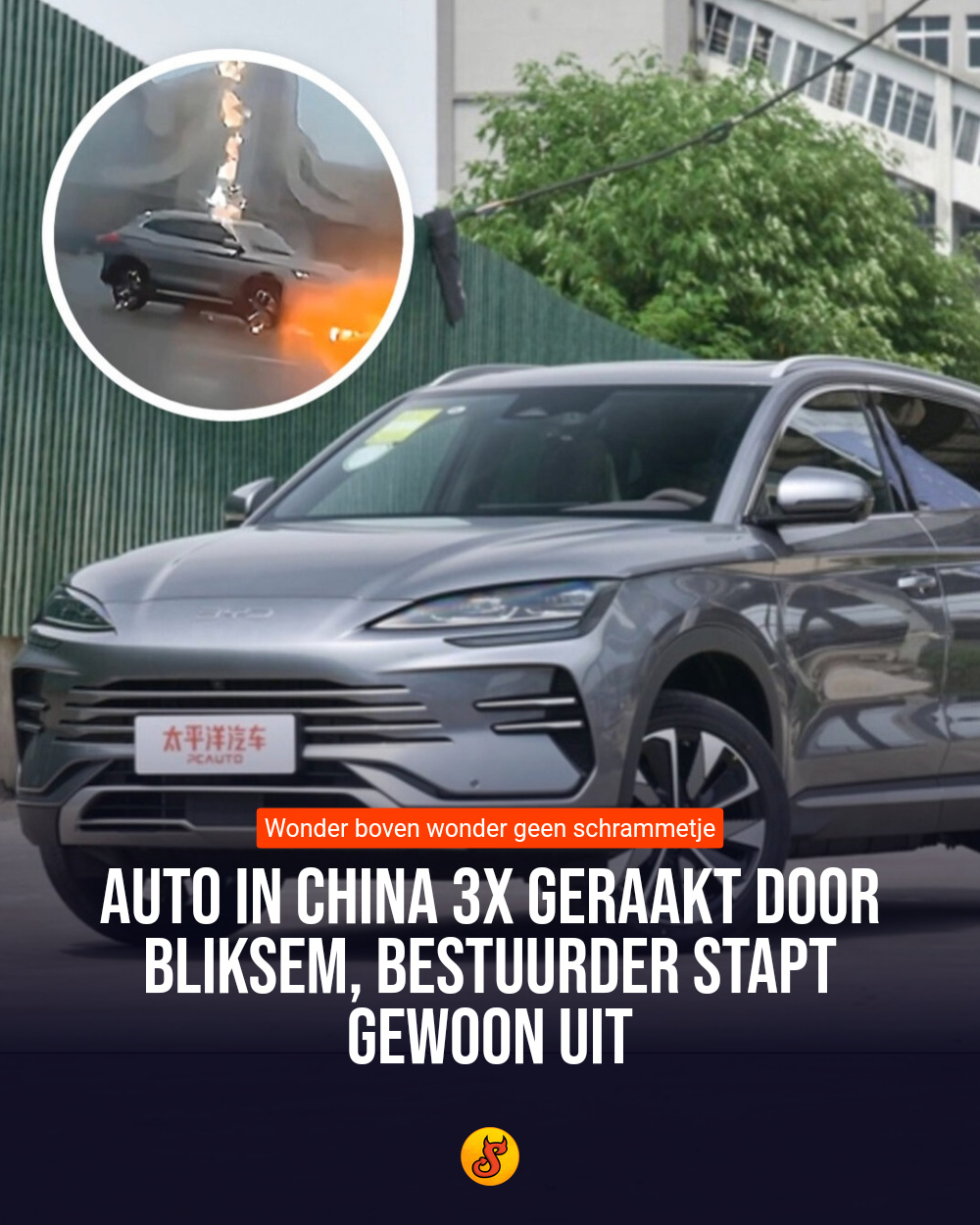 Auto in China 3x geraakt door bliksem, bestuurder stapt gewoon uit