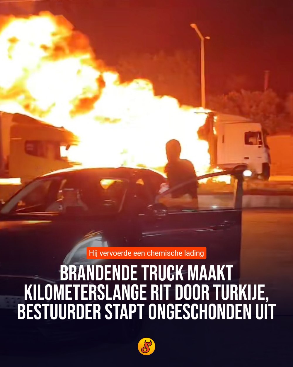 Brandende truck maakt kilometerslange rit door Turkije, bestuurder stapt ongeschonden uit