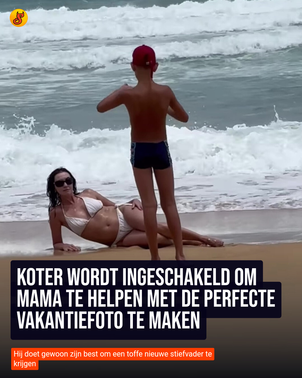 Koter wordt ingeschakeld om mama te helpen met de perfecte vakantiefoto te maken