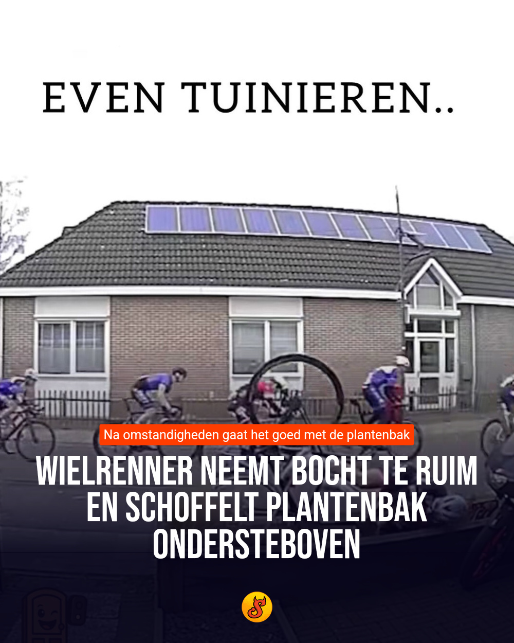 Wielrenner neemt bocht te ruim en schoffelt plantenbak ondersteboven