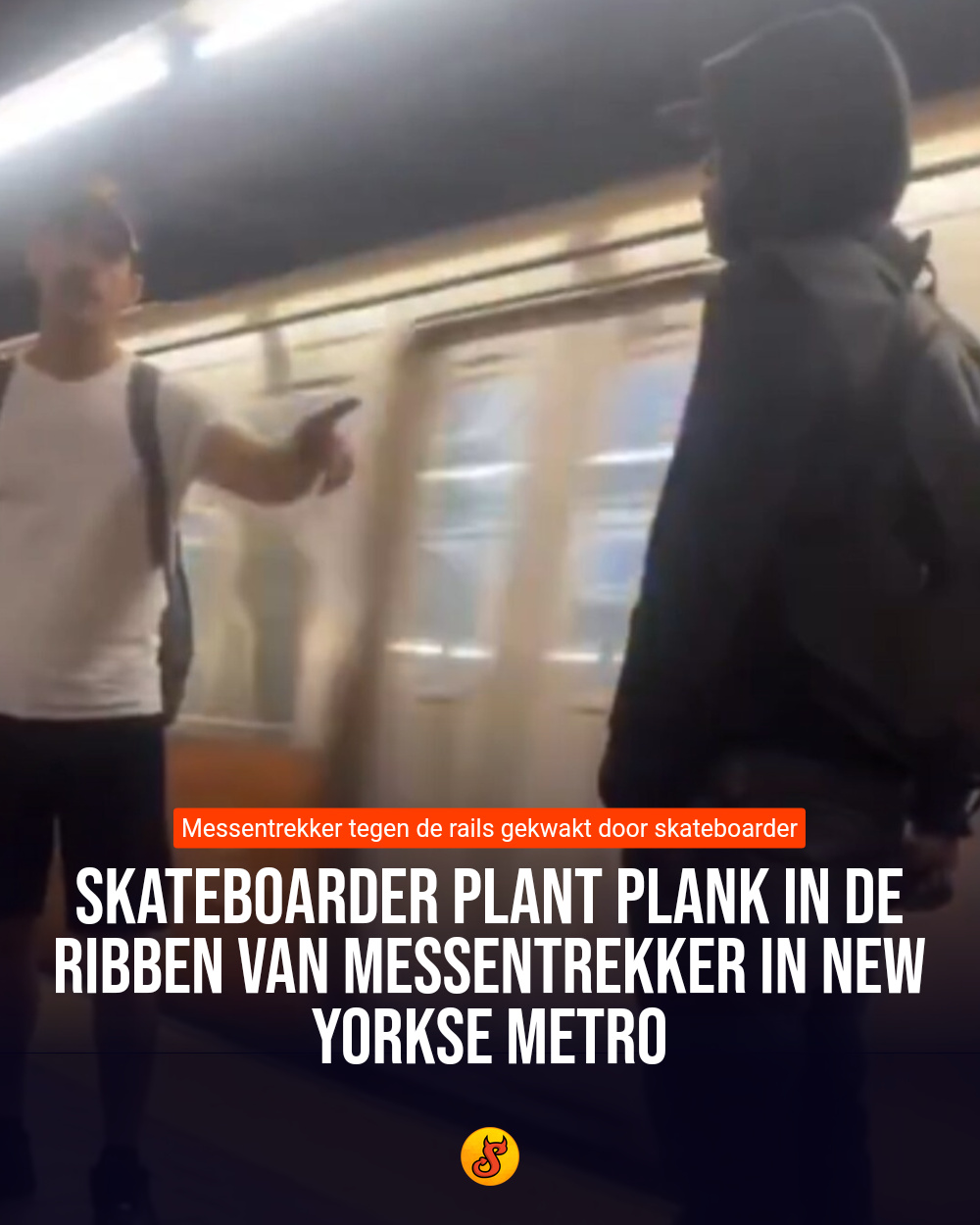 Skateboarder plant plank in de ribben van messentrekker in New Yorkse metro