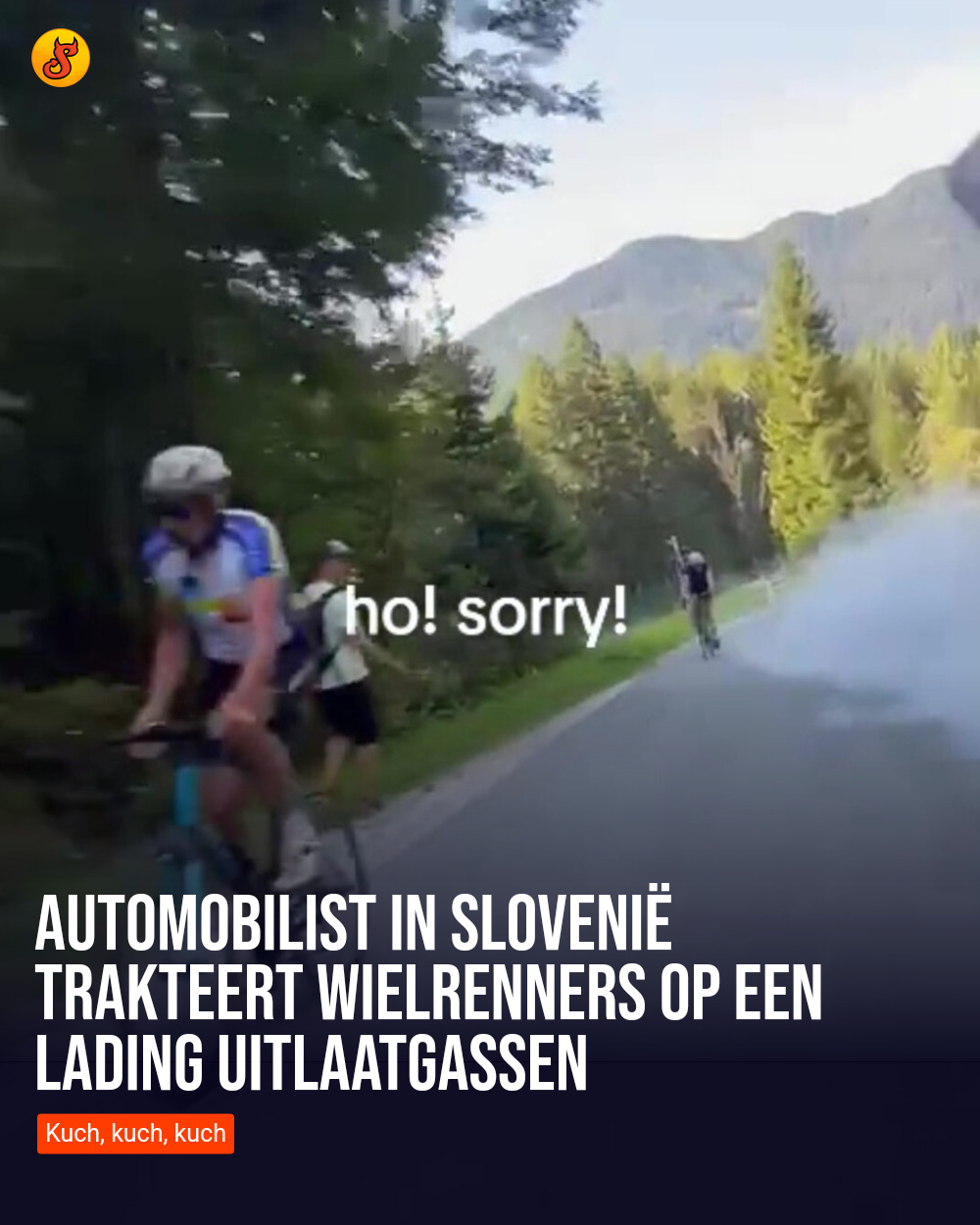 Automobilist in Slovenië trakteert wielrenners op een lading uitlaatgassen