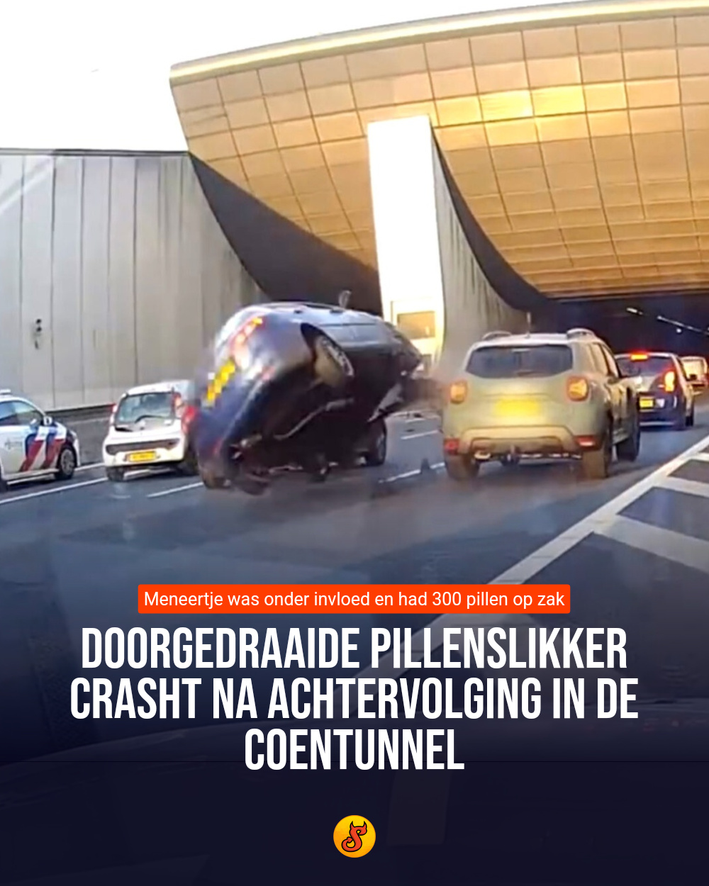 Doorgedraaide pillenslikker crasht na achtervolging in de Coentunnel