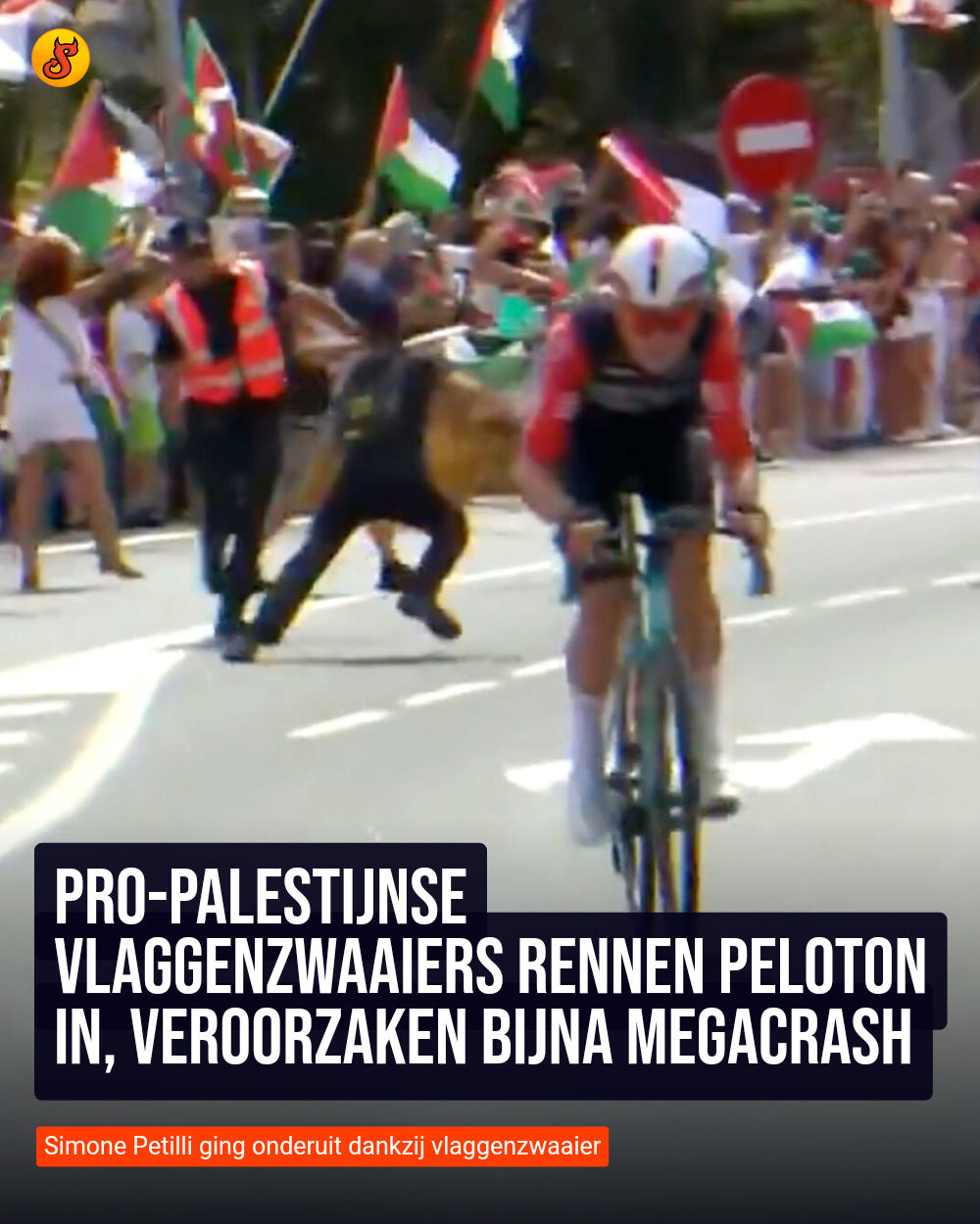 Pro-Palestijnse vlaggenzwaaiers rennen peloton in, veroorzaken bijna megacrash