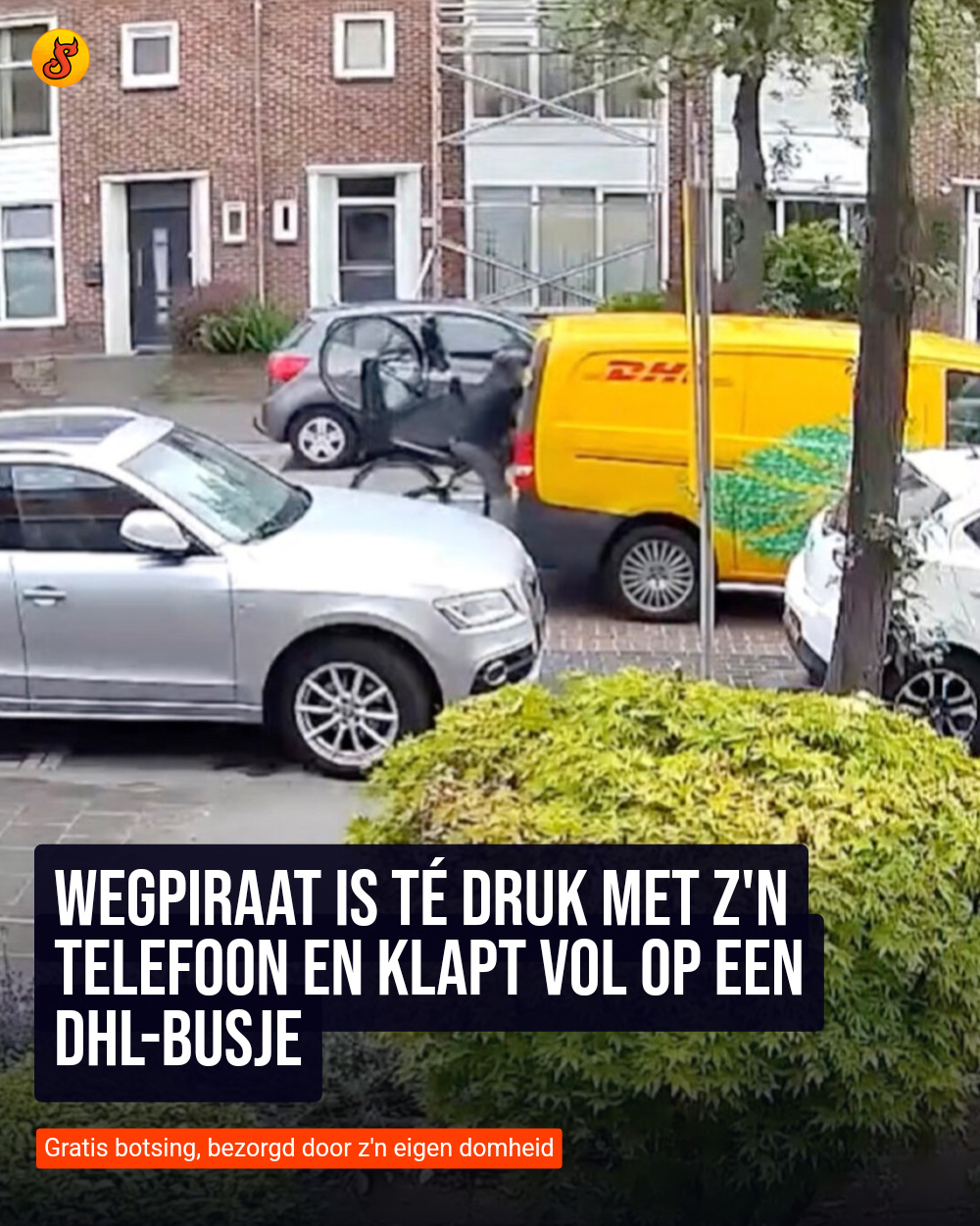 Wegpiraat is té druk met z'n telefoon en klapt vol op een DHL-busje