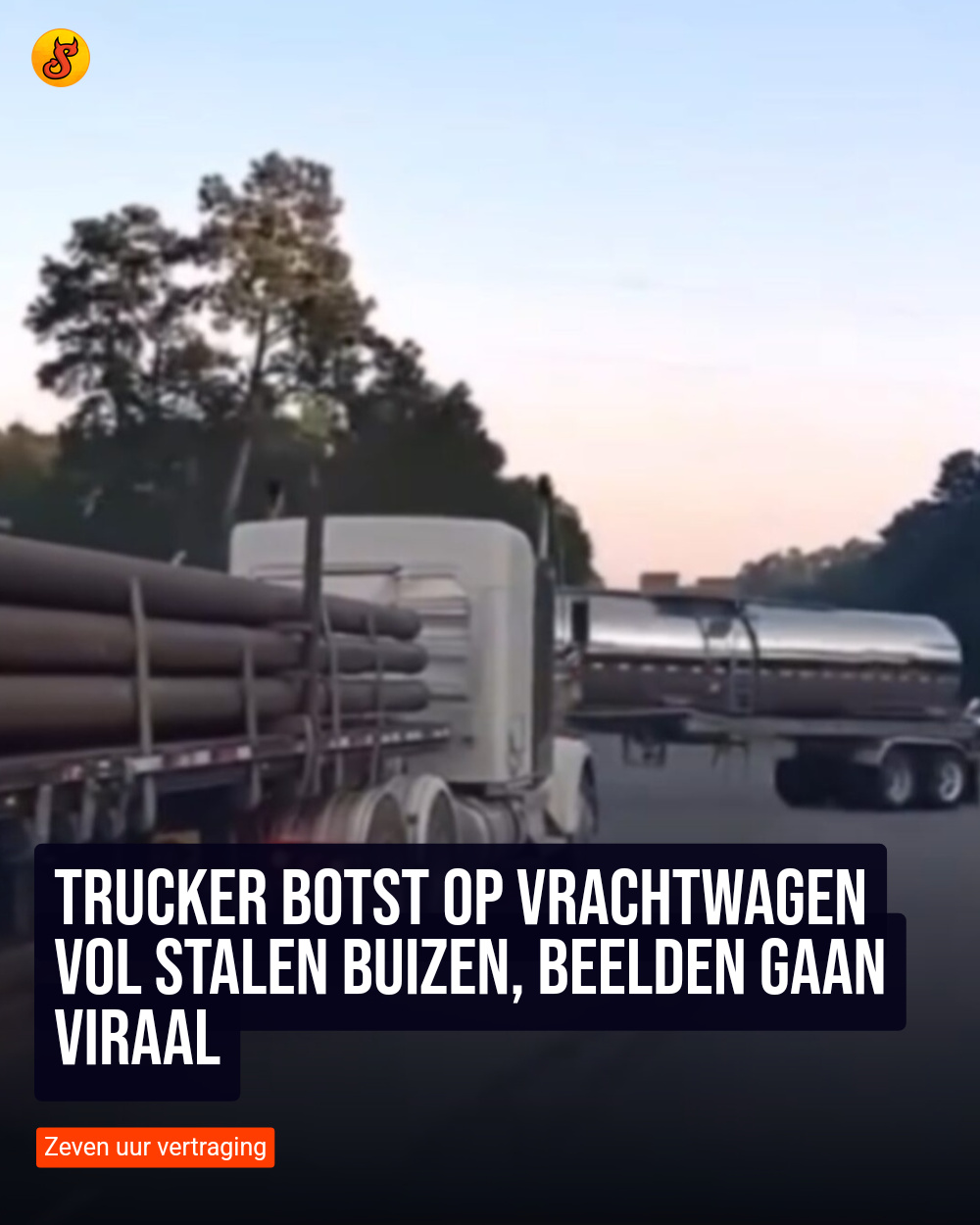 Trucker botst op vrachtwagen vol stalen buizen, beelden gaan viraal