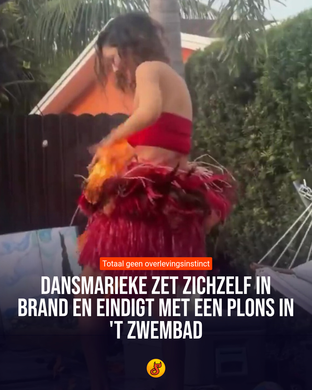 Dansmarieke zet zichzelf in brand en eindigt met een plons in 't zwembad